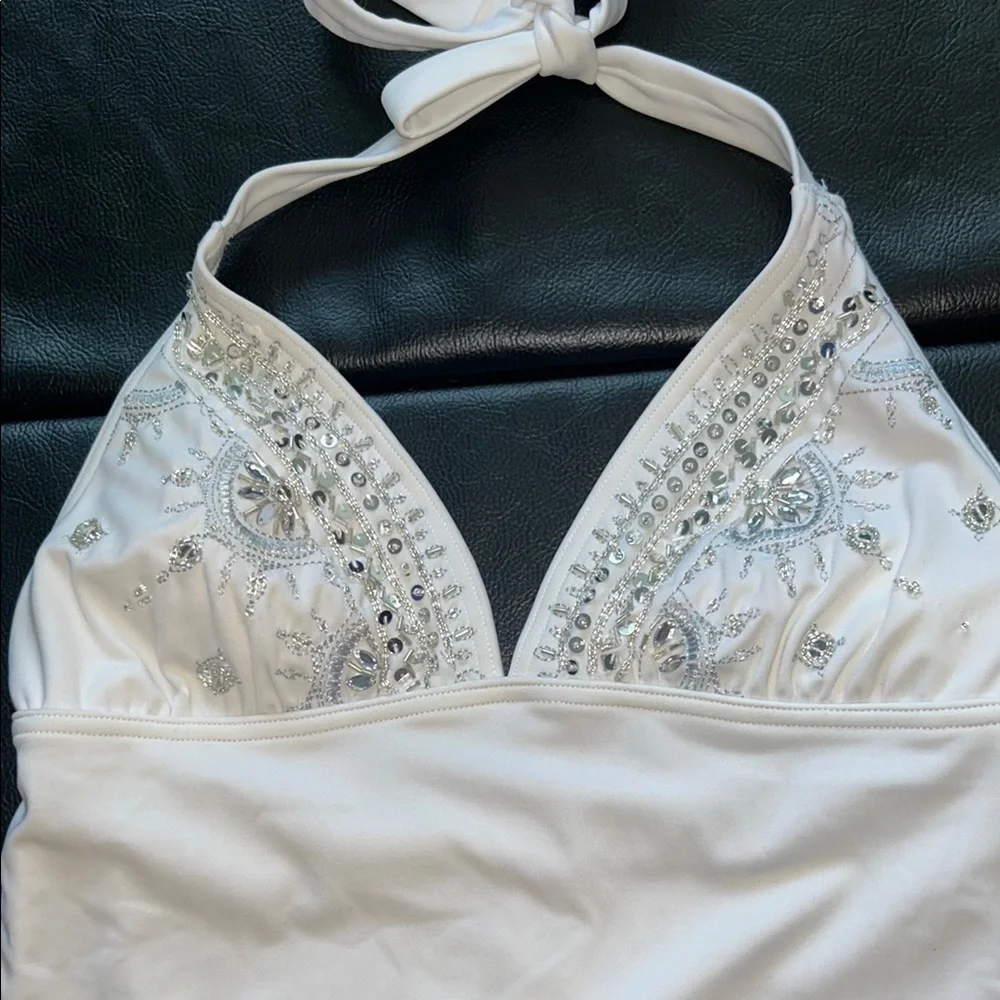 Beautiful White Halter One-Piece Swimsuit with Embellishments- Size 8 WORN ONCE - Picture 2 of 6